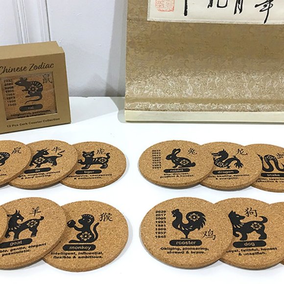 😍12 PC CHINESE ZODIAC CORK DRINK COASTER SET| BIRTHDAY HOUSUEWARMING GIFT NWT😘 - Picture 8 of 8